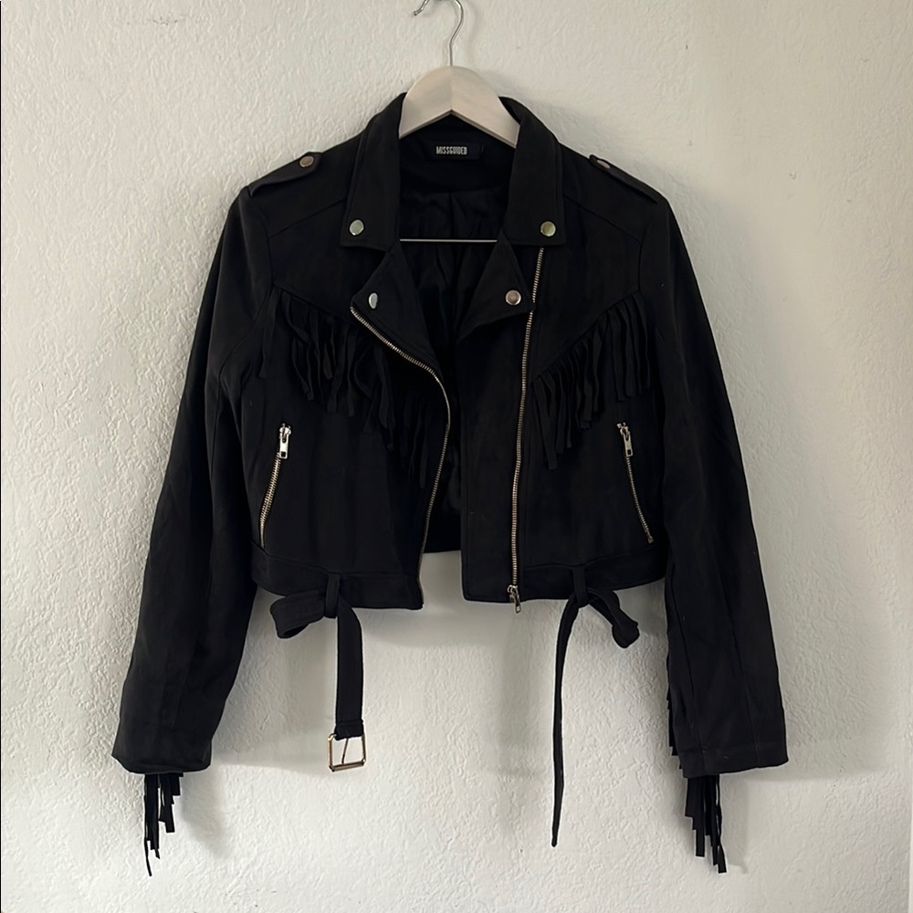 Black Faux-Suede Fringe Moto Jacket